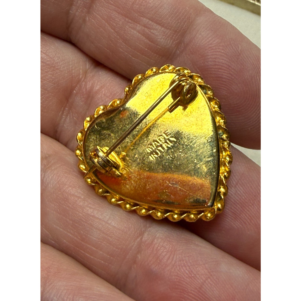 Vintage Micro Mosaic Green Heart Forget Me Not Broch Pin Italy Gold Tone Love - Picture 3 of 4